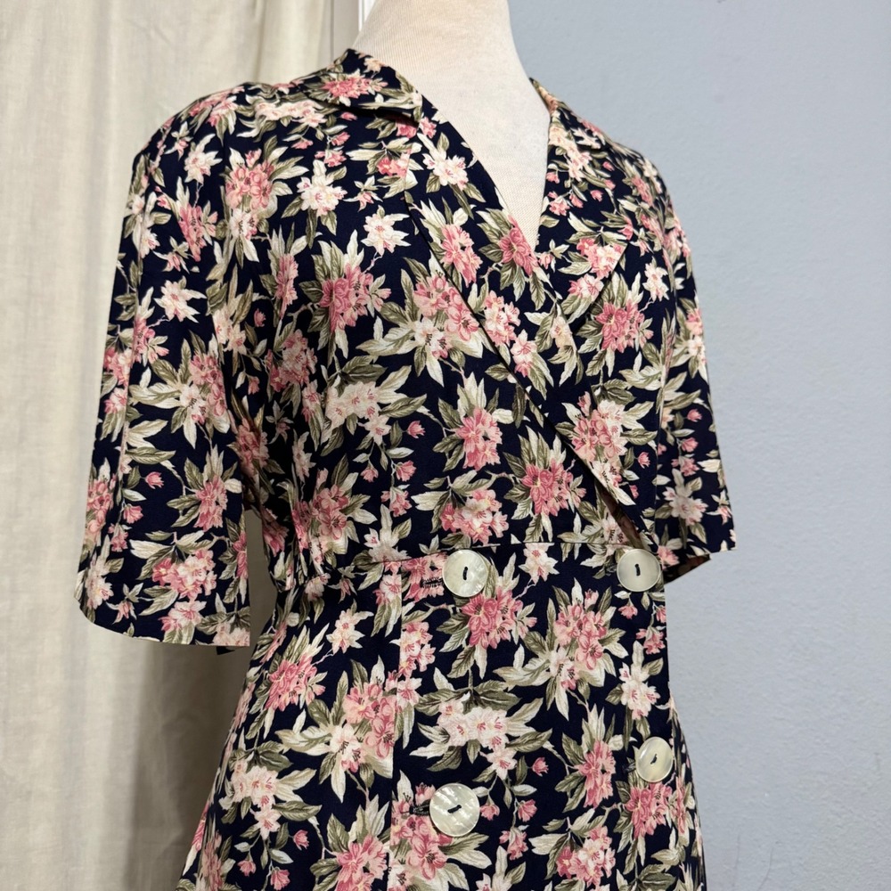 Betsy's Things Vintage 90s Floral Maxi Dress XL Navy Double Breasted Cottagecore - Picture 7 of 16